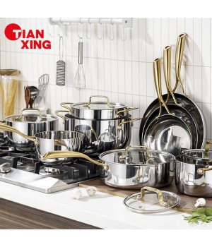 TIANXING Luxury Kitchen Cookware Sets Triply Stainless Steel Gold Handle Casserole Induction Bottom Cooking Pot Set