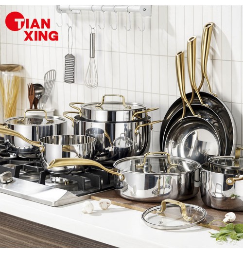 TIANXING Luxury Kitchen Cookware Sets Triply Stainless Steel Gold Handle Casserole Induction Bottom Cooking Pot Set