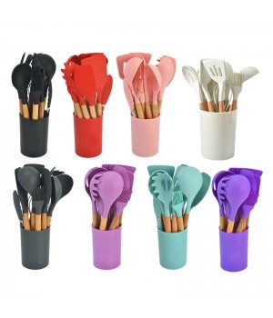 BPA Free Cookware Set Silicone Spoon Spatula Turner Tongs 12 PCS Wooden Handle Kitchen Utensil Set