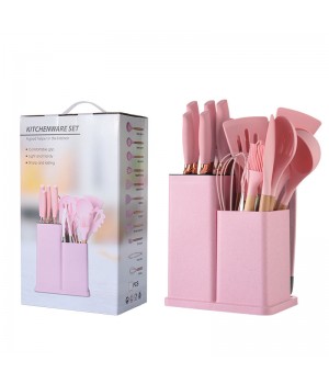 Newest 19-piece set of silica gel kitchen utensil set with wooden handle and cuttings board storage bucket kitchen gadget set