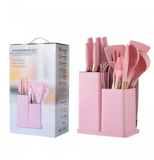 Newest 19-piece set of silica gel kitchen utensil set with wooden handle and cuttings board storage bucket kitchen gadget set Newest 19-piece set of silica gel kitchen utensil set with wooden handle and cuttings board storage bucket kitchen gadget set