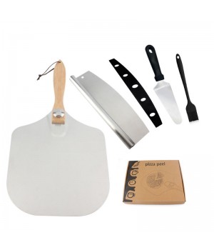 Kitchen Accessories Wooden Handle Aluminum Pizza Peel Shovel Set With Rocker Cutter Spatula Brush