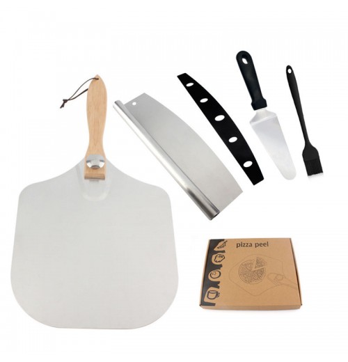Kitchen Accessories Wooden Handle Aluminum Pizza Peel Shovel Set With Rocker Cutter Spatula Brush Kitchen Accessories Wooden Handle Aluminum Pizza Peel Shovel Set With Rocker Cutter Spatula Brush