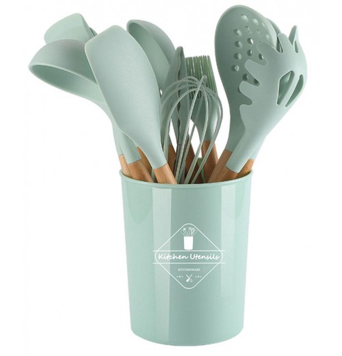 Heat resistant kitchen cooking utensils set tools with wooden handle and holder Heat resistant kitchen cooking utensils set tools with wooden handle and holder