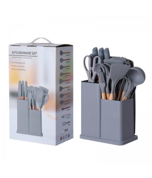 Hot Selling Home and Kitchen Wooden Handle Silicone Kitchen Cooking Utensils Set 19pcs Kitchen Gadget with Knife