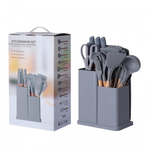 Hot Selling Home and Kitchen Wooden Handle Silicone Kitchen Cooking Utensils Set 19pcs Kitchen Gadget with Knife