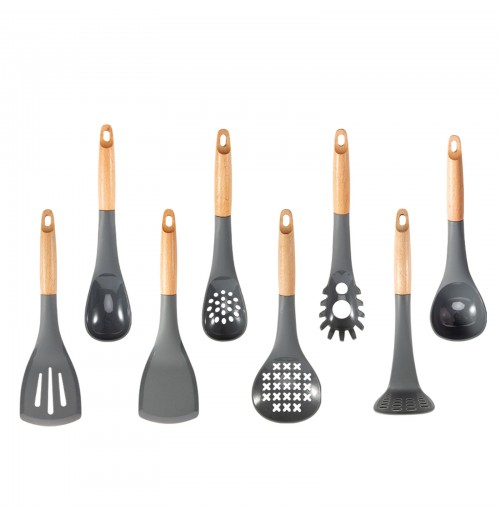 Kitchen 8 Pcs Non Stick Nylon Utensil Set with Rounded Wood Handles for Cooking and Baking