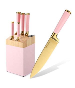Lovely Kitchen Cooking Tool 6 Pieces High Quality Pink Colorful Handle Stainless Steel Knife Set With Knife Wood Holder
