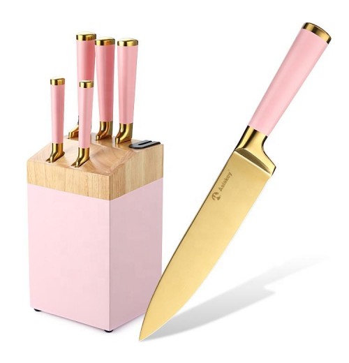 Lovely Kitchen Cooking Tool 6 Pieces High Quality Pink Colorful Handle Stainless Steel Knife Set With Knife Wood Holder Lovely Kitchen Cooking Tool 6 Pieces High Quality Pink Colorful Handle Stainless Steel Knife Set With Knife Wood Holder