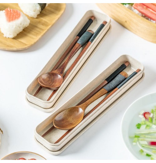 Eco-Friendly Reusable Wood Knife Spoon Fork Chopsticks Japanese Styles Anti-scald Stirring Travel Camping Portable Cutlery Set