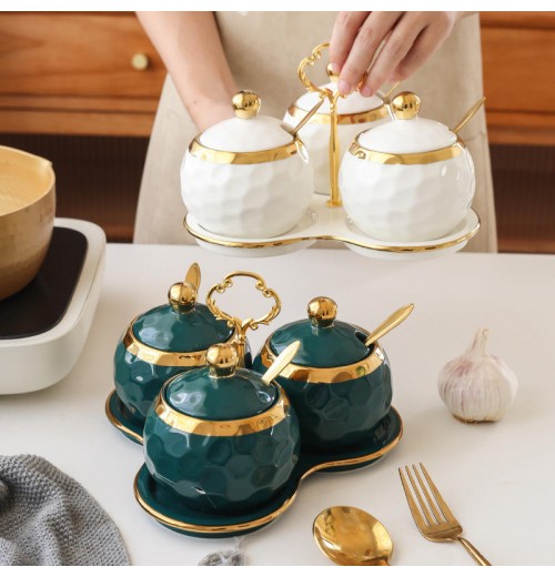 3 PC Seasoning Pot Set With Spoon Tray Kitchen Spice Rack Ceramic Spice Jars Set Container Seasoning Box 3 PC Seasoning Pot Set With Spoon Tray Kitchen Spice Rack Ceramic Spice Jars Set Container Seasoning Box