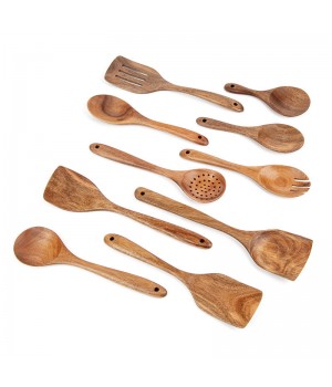 Wholesale Custom Cheap Natural Acacia Wooden Slot Spoons & Spatula Cooking Utensils sets for Kitchenware