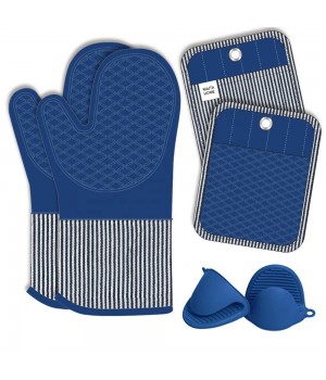 Blue Silicone Stripe Oven Mitt Pot Holder Set Kitchen Baking Cooking Heat Resistant Chef Oven Glove Set